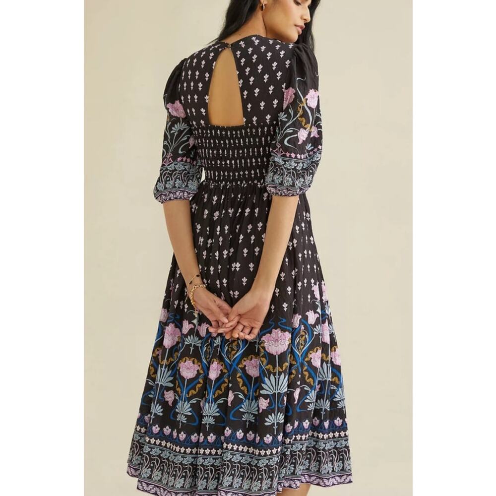 Anthropologie Dasha Smocked Midi Dress Black Floral Motif Boho Sz XS - Picture 3 of 9
